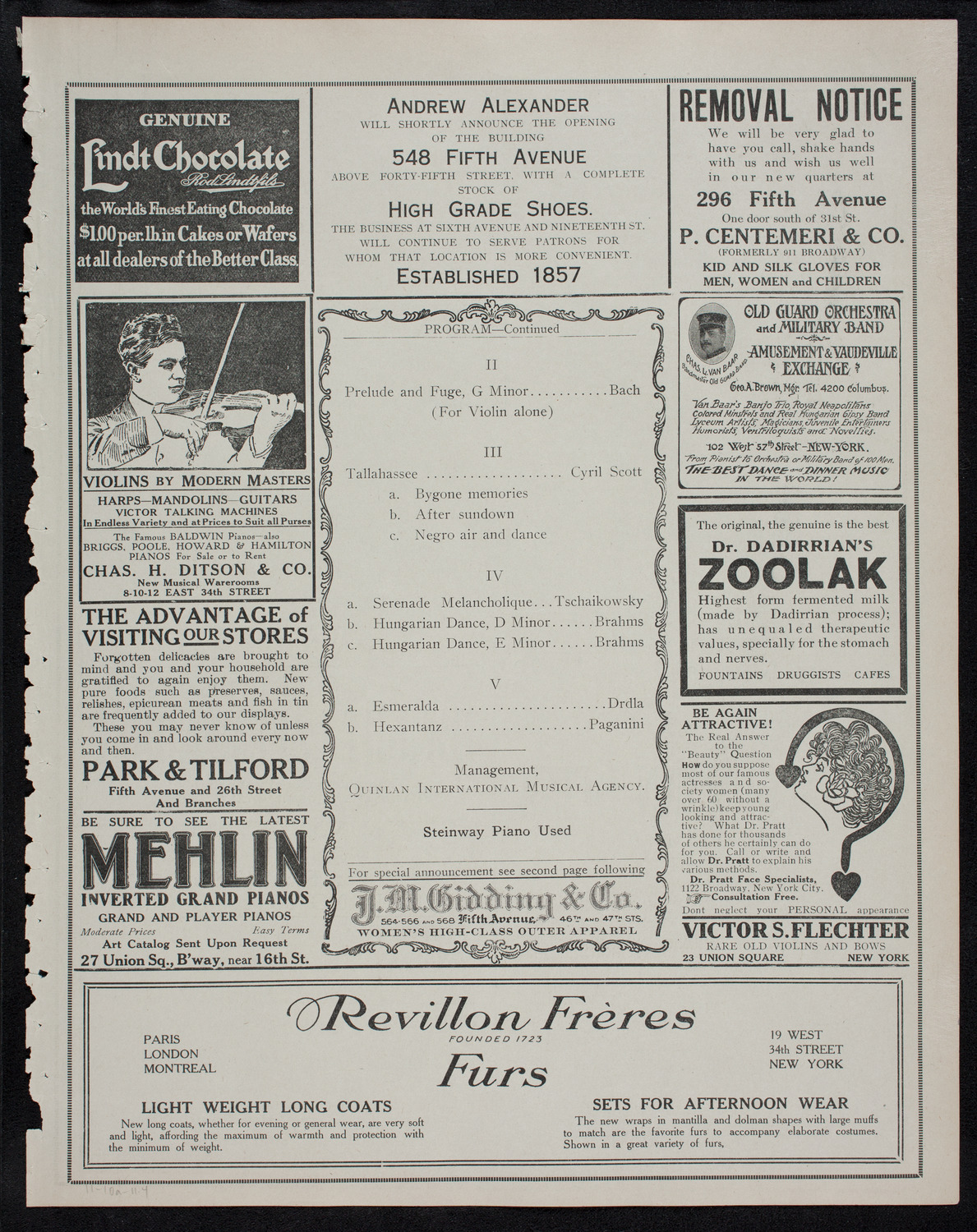 Efrem Zimbalist, Violin, November 10, 1911, program page 7