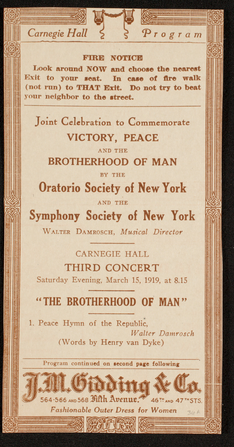Peace Festival Concert, March 15, 1919, program page 1