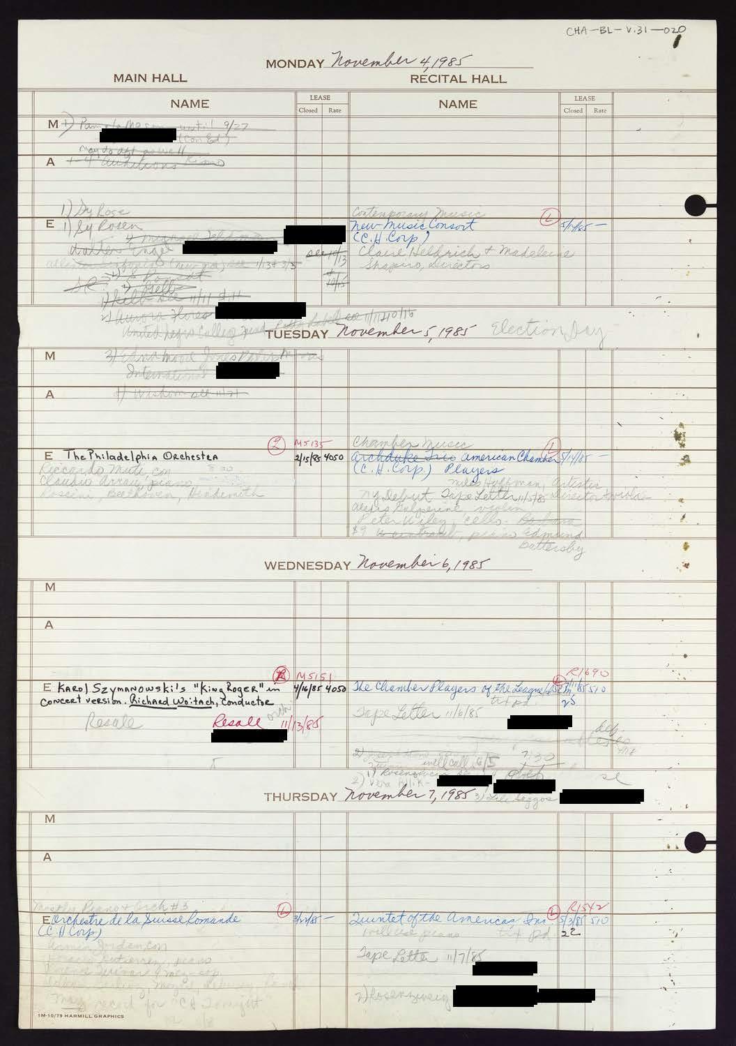 Carnegie Hall Booking Ledger, volume 31, page 20