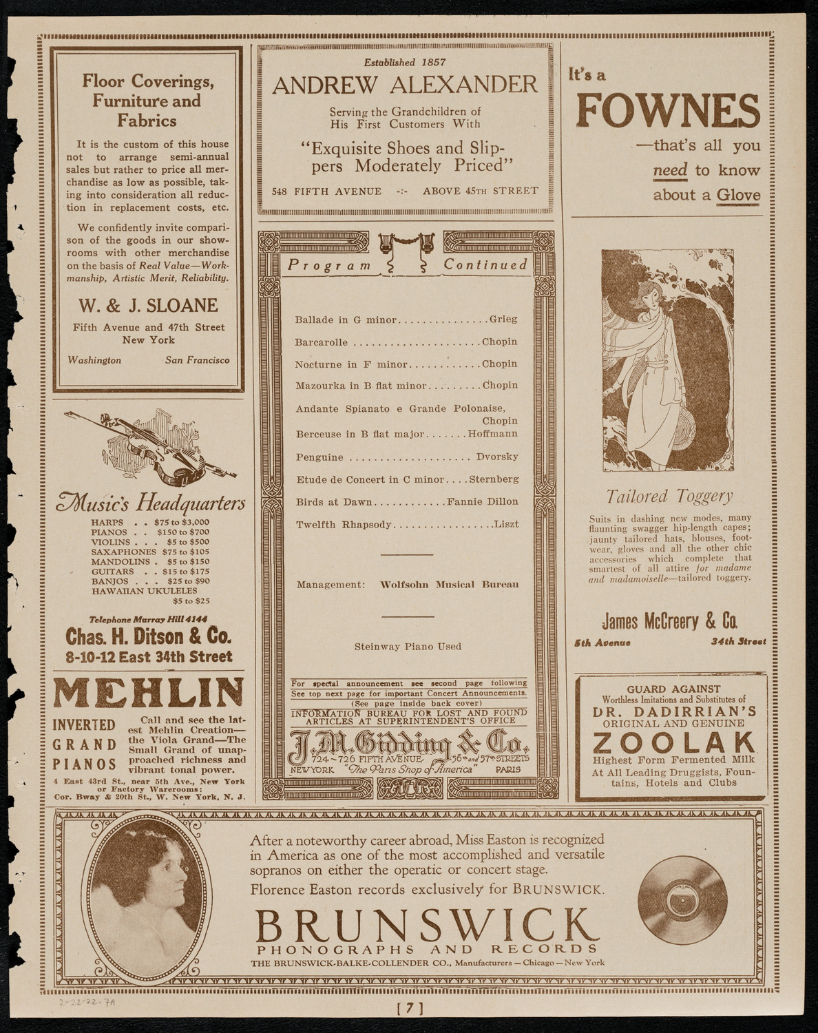 Josef Hofmann, Piano, February 22, 1922, program page 7