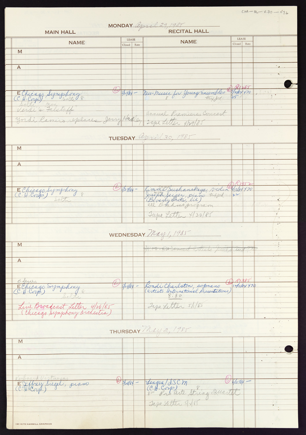 Carnegie Hall Booking Ledger, volume 30, page 72