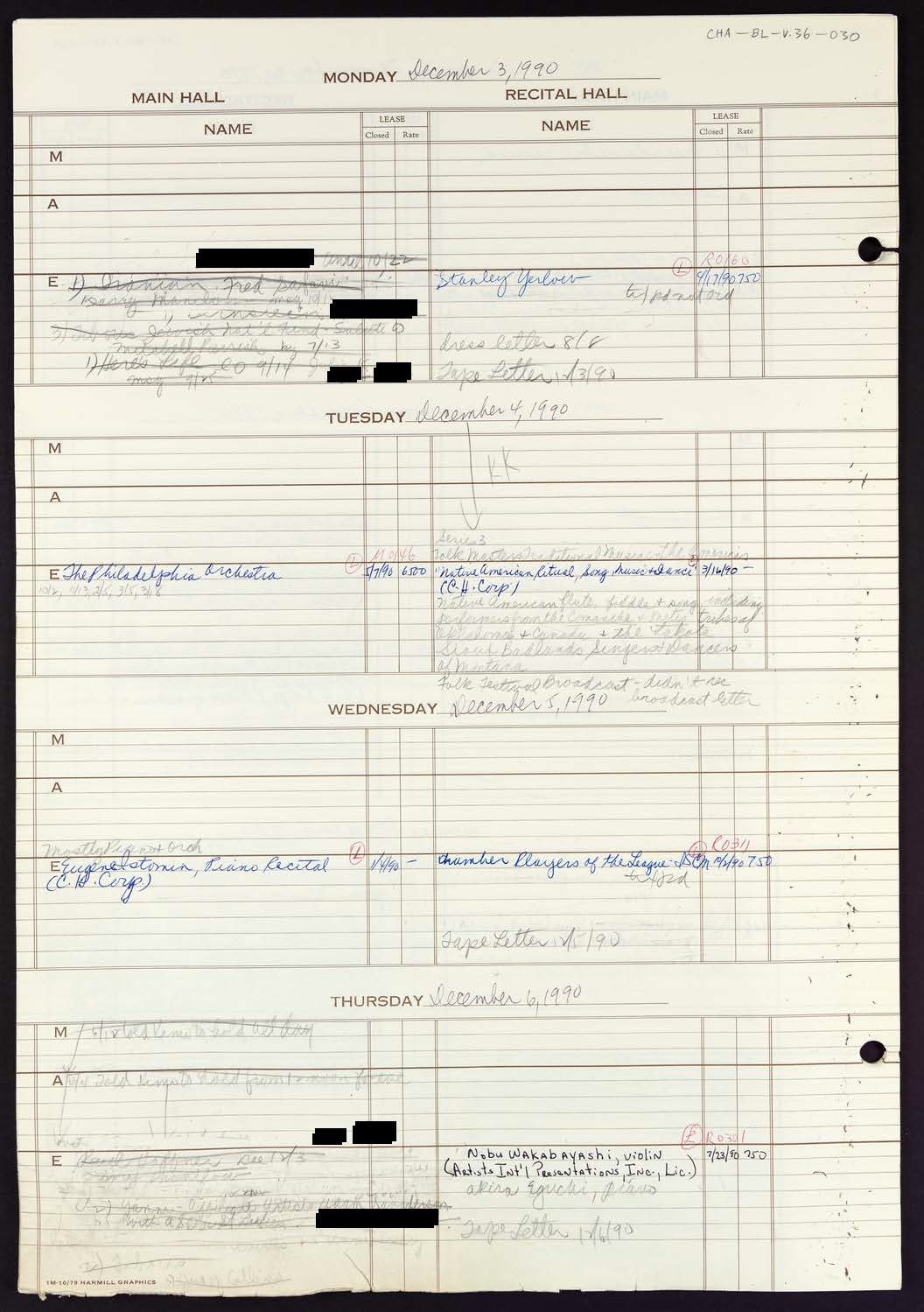 Carnegie Hall Booking Ledger, volume 36, page 30