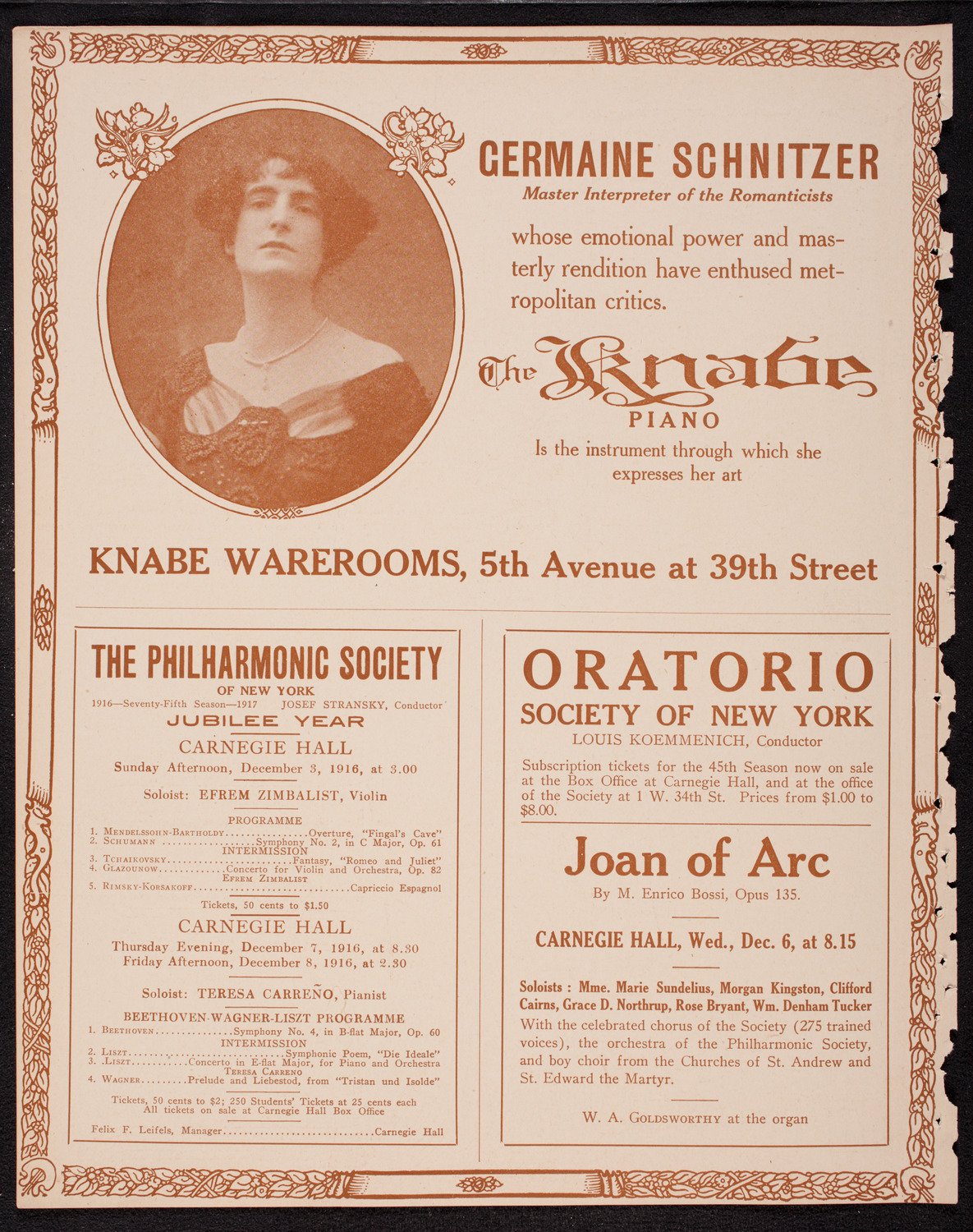 Germaine Schnitzer, Piano, November 30, 1916, program page 12