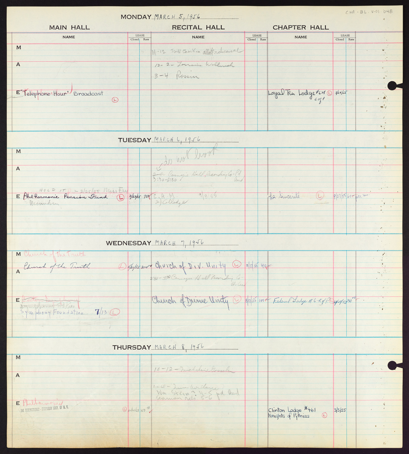 Carnegie Hall Booking Ledger, volume 1, page 48