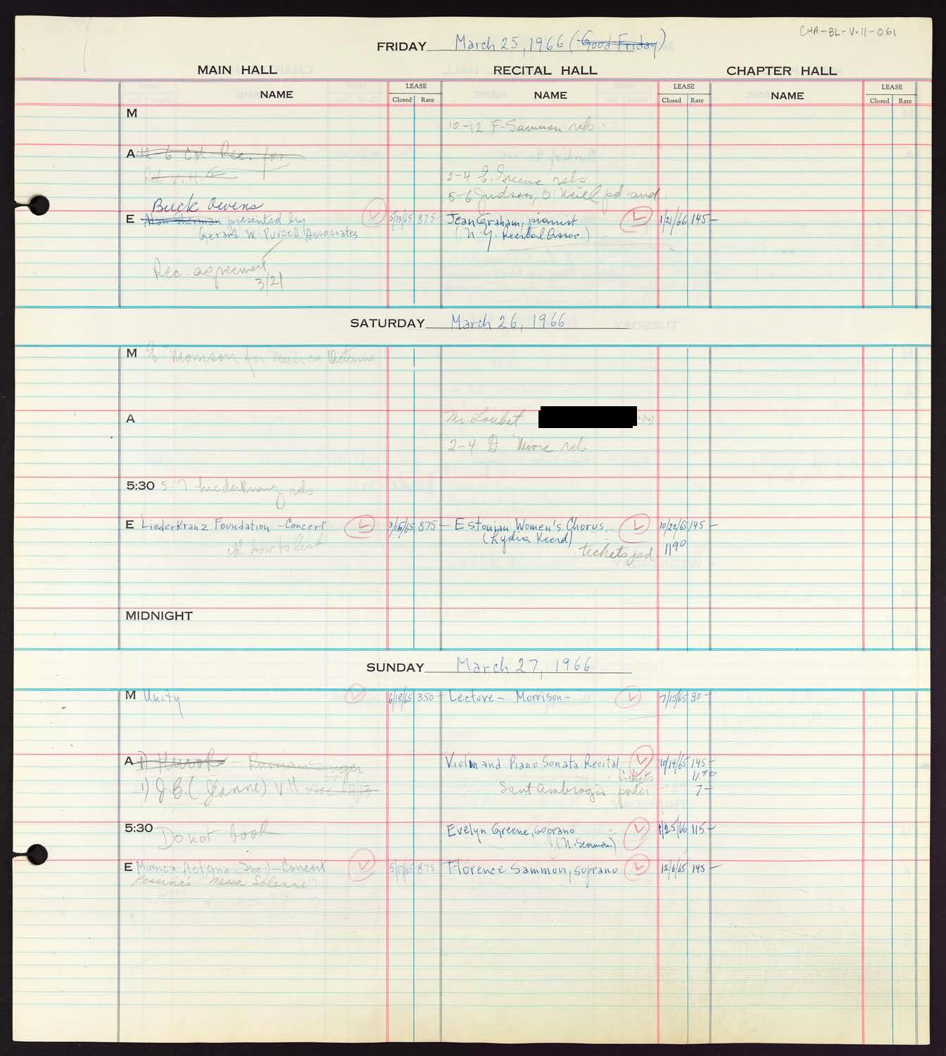 Carnegie Hall Booking Ledger, volume 11, page 61