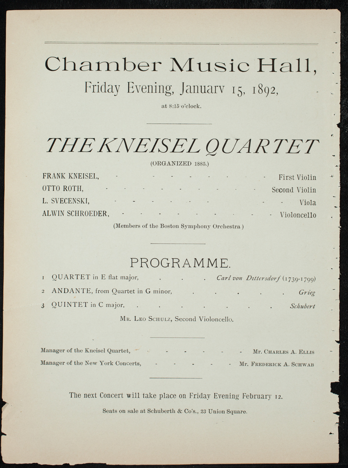 Kneisel Quartet, January 15, 1892, program page 6