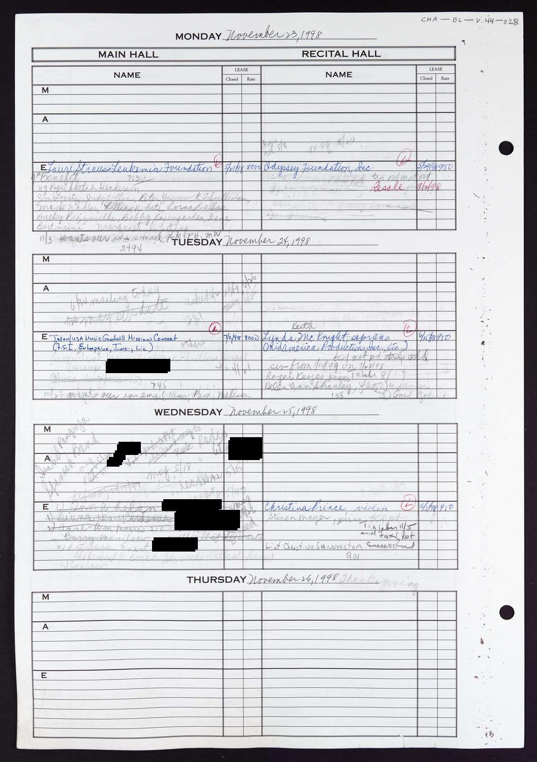 Carnegie Hall Booking Ledger, volume 44, page 28