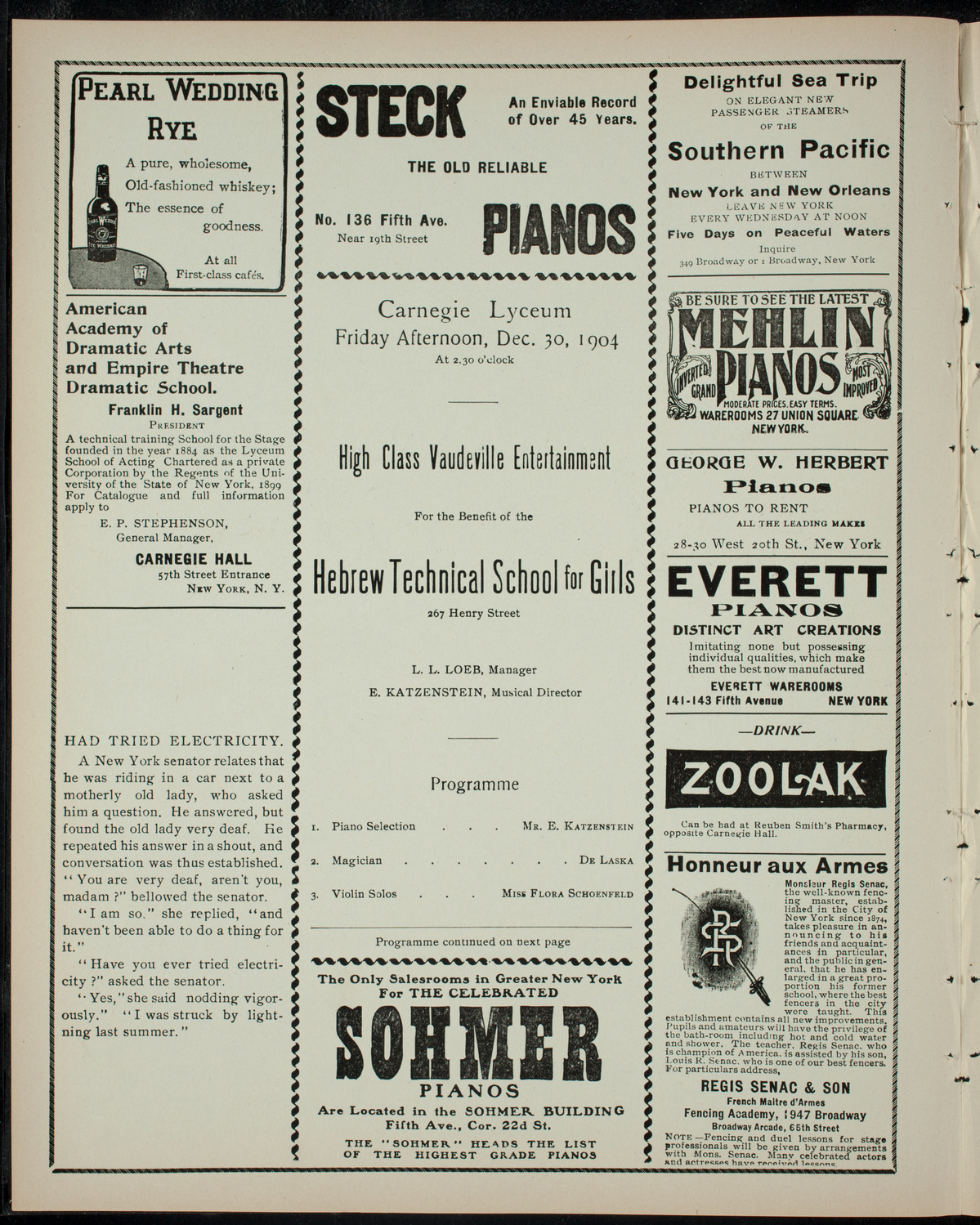 Benefit: Hebrew Technical School for Girls, December 30, 1904, program page 2