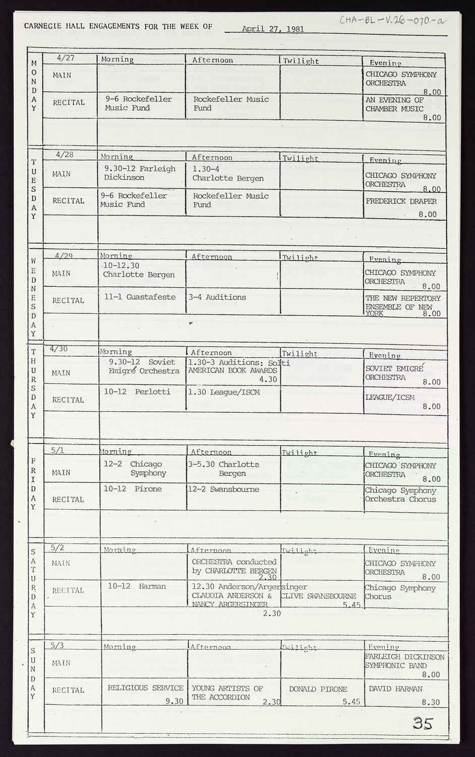 Carnegie Hall Booking Ledger, volume 26, page 70a