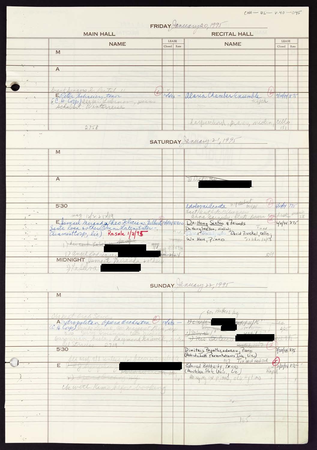 Carnegie Hall Booking Ledger, volume 40, page 45