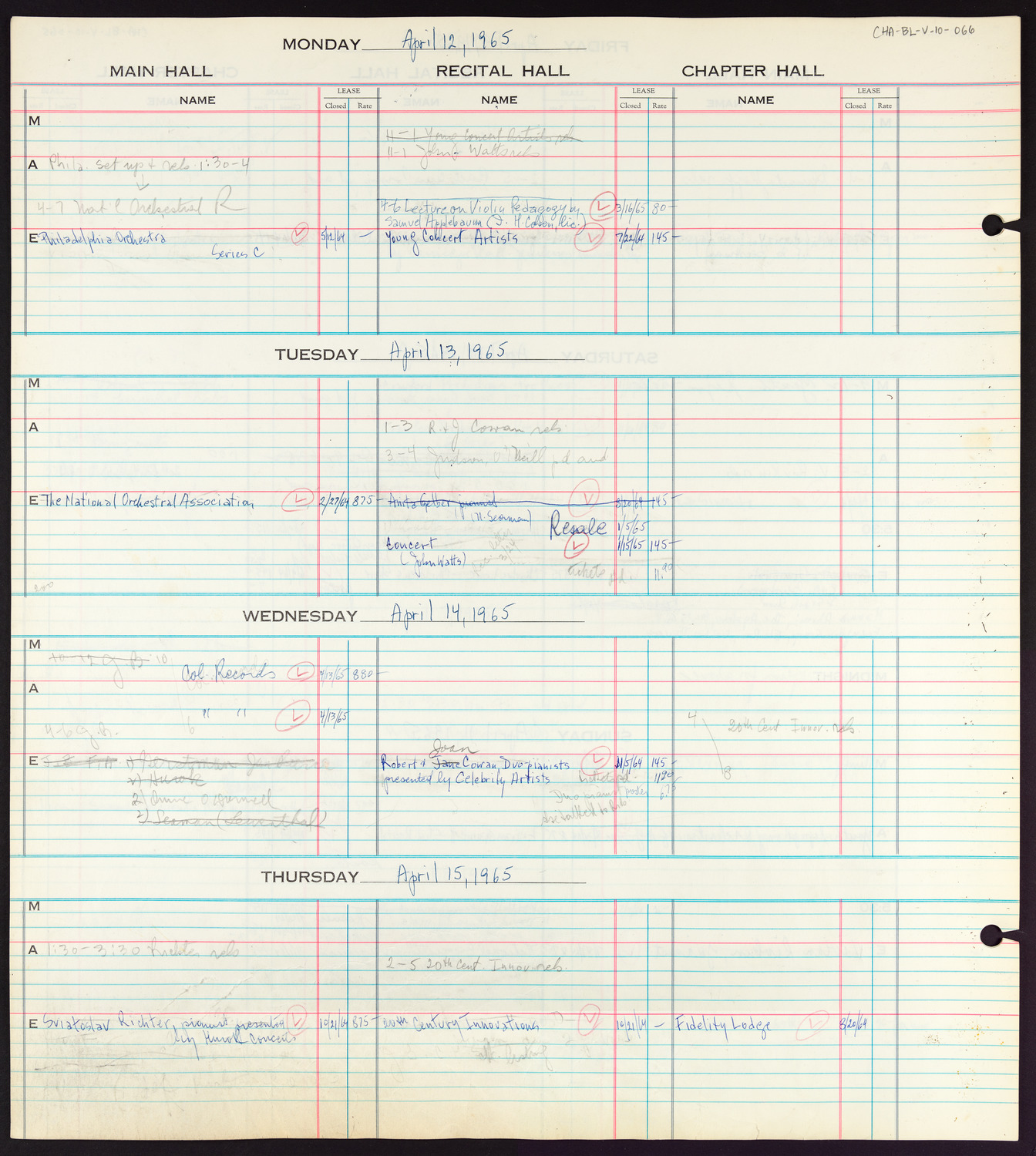 Carnegie Hall Booking Ledger, volume 10, page 66