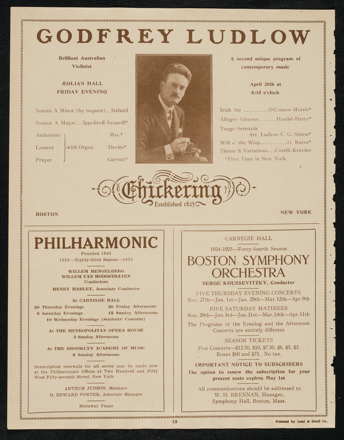 Isa Kremer, Soprano, Abracha Konevsky, Violin, Sara Sokolsky-Fried, Piano, and Josef Rosenblatt, Tenor, April 23, 1924, program page 12