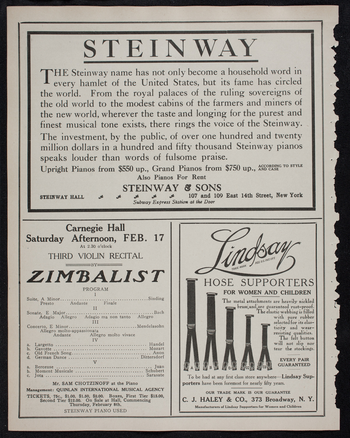 Efrem Zimbalist, Violin, February 17, 1912, program page 4