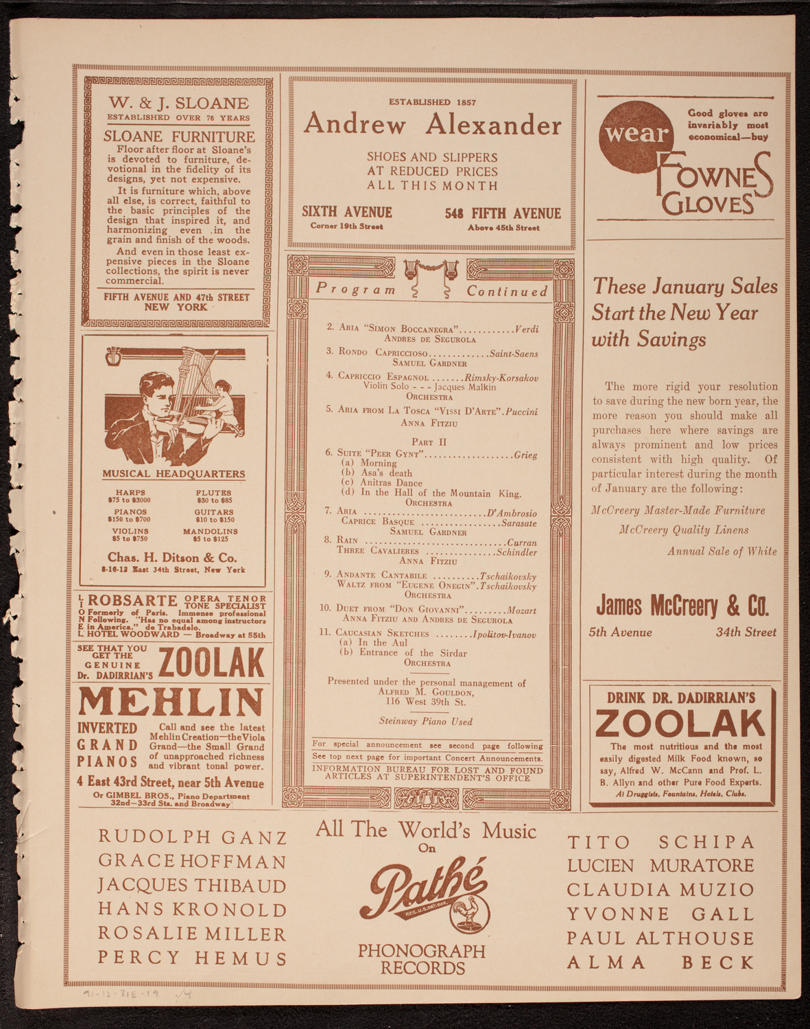 Arnold Volpe and his Symphony Orchestra with Anna Fitziu, Andres de Segurola, and Samuel Gardner, December 31, 1919, program page 7