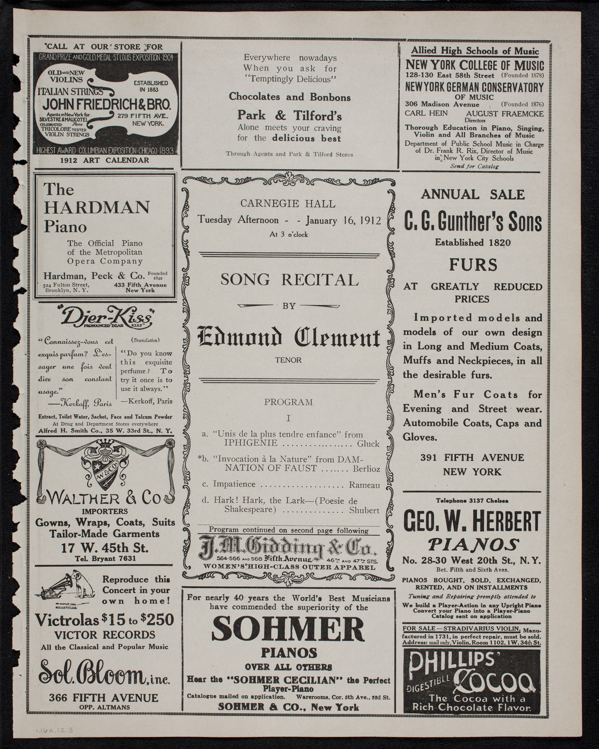 Edmond Clement, Tenor, January 16, 1912, program page 5