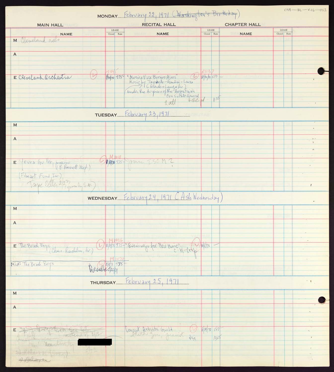 Carnegie Hall Booking Ledger, volume 16, page 52