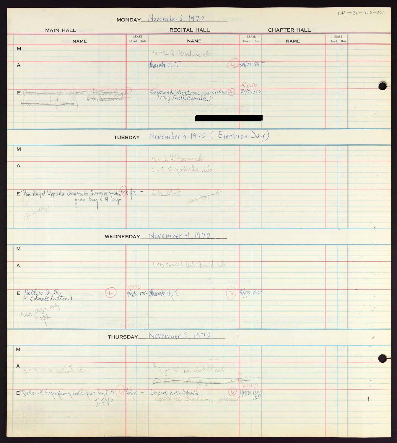 Carnegie Hall Booking Ledger, volume 16, page 20