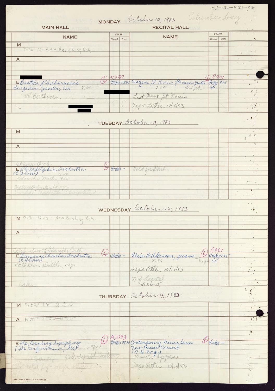 Carnegie Hall Booking Ledger, volume 29, page 16