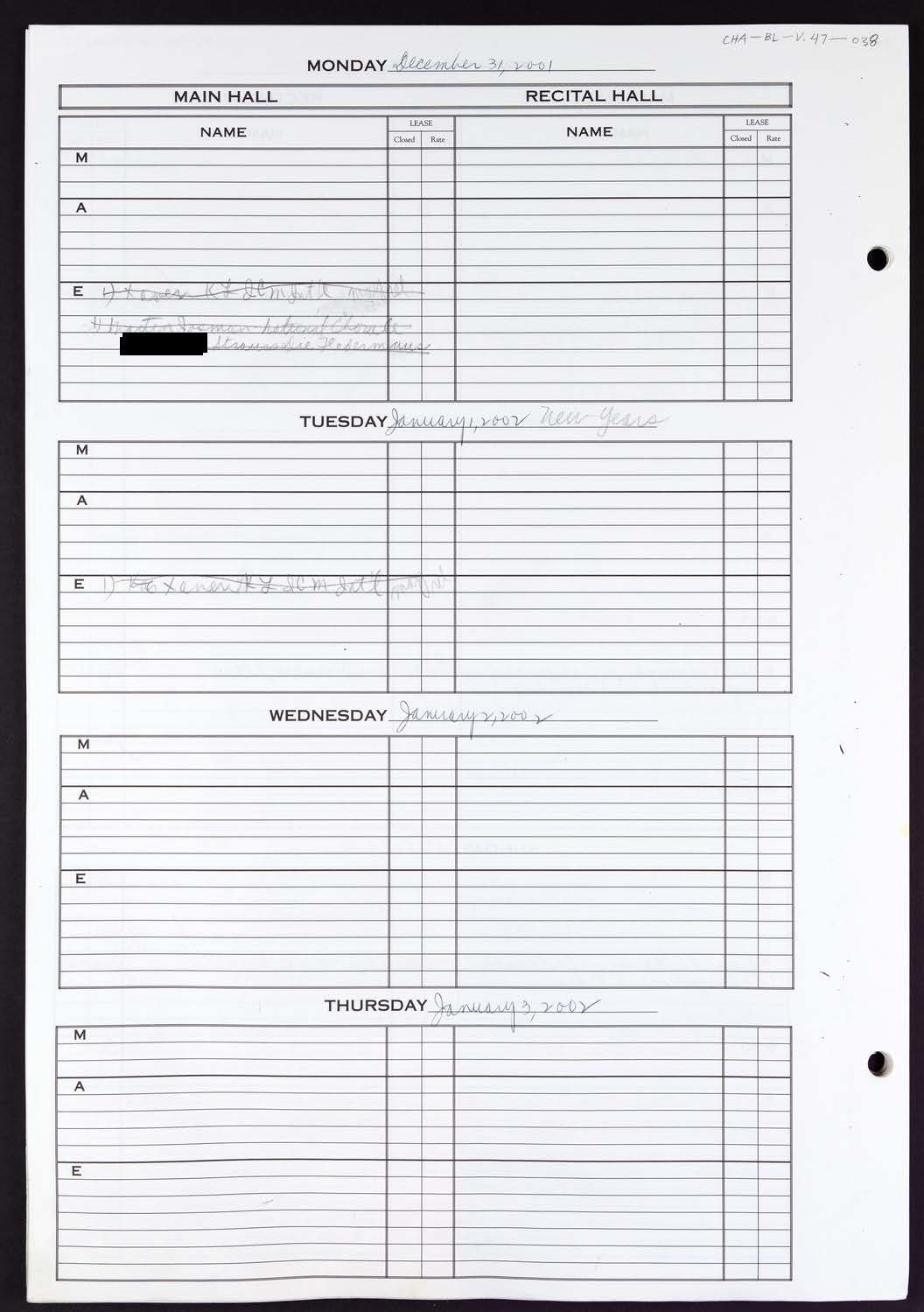 Carnegie Hall Booking Ledger, volume 47, page 38