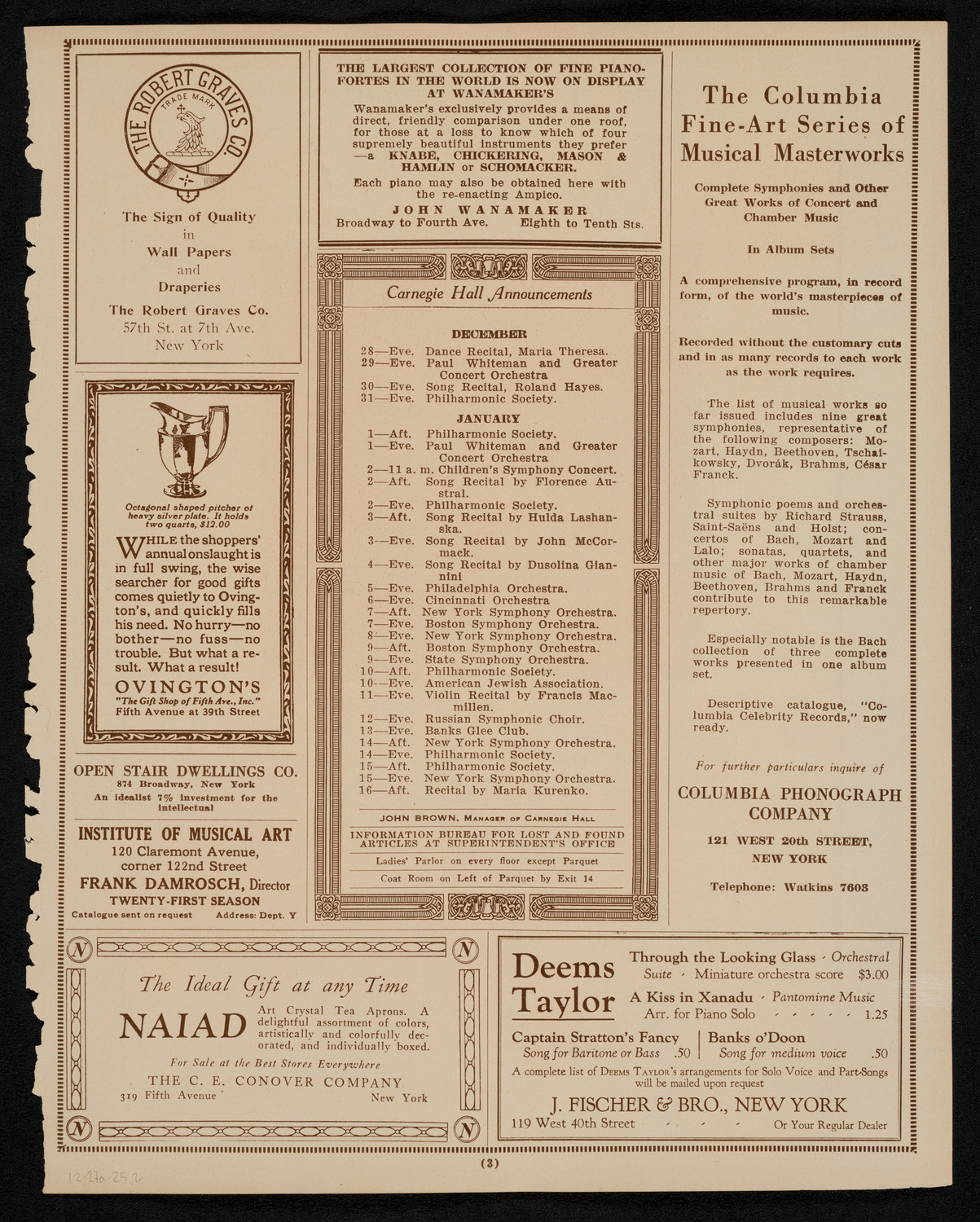 New York Philharmonic, December 27, 1925, program page 3