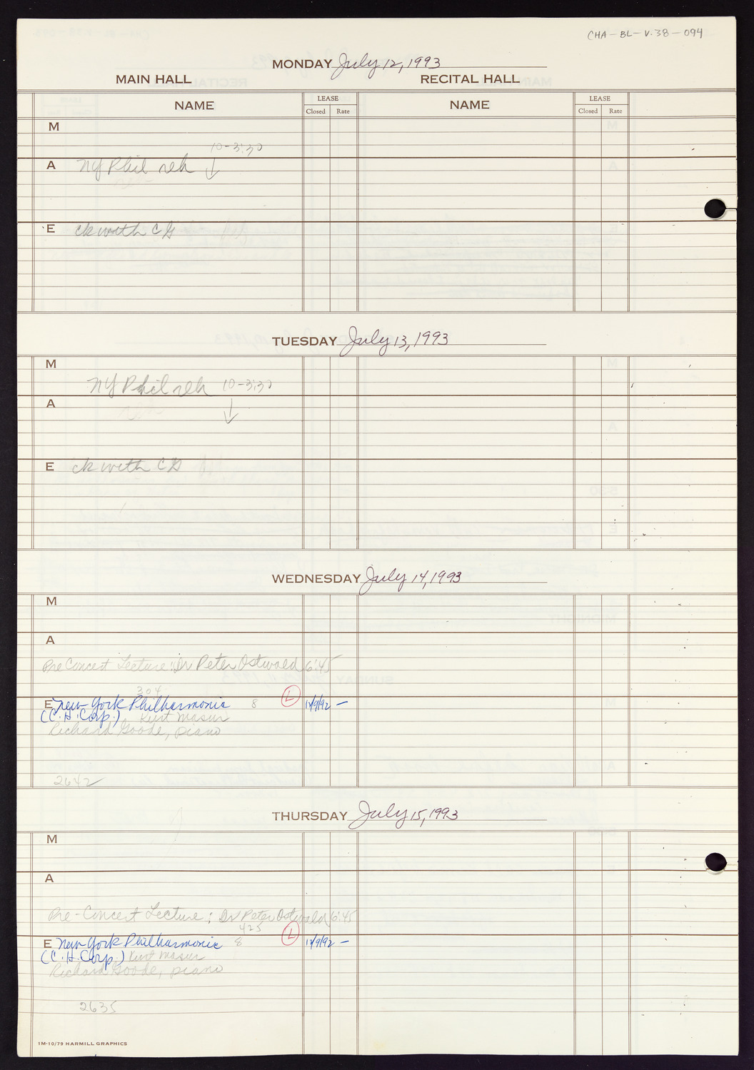 Carnegie Hall Booking Ledger, volume 38, page 94