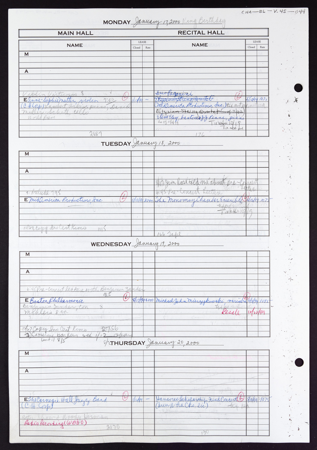 Carnegie Hall Booking Ledger, volume 45, page 44