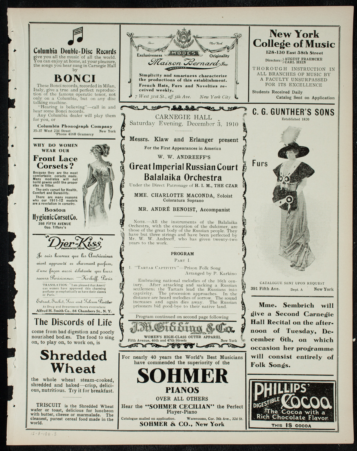 Great Imperial Russian Court Balalaika Orchestra, December 3, 1910, program page 5