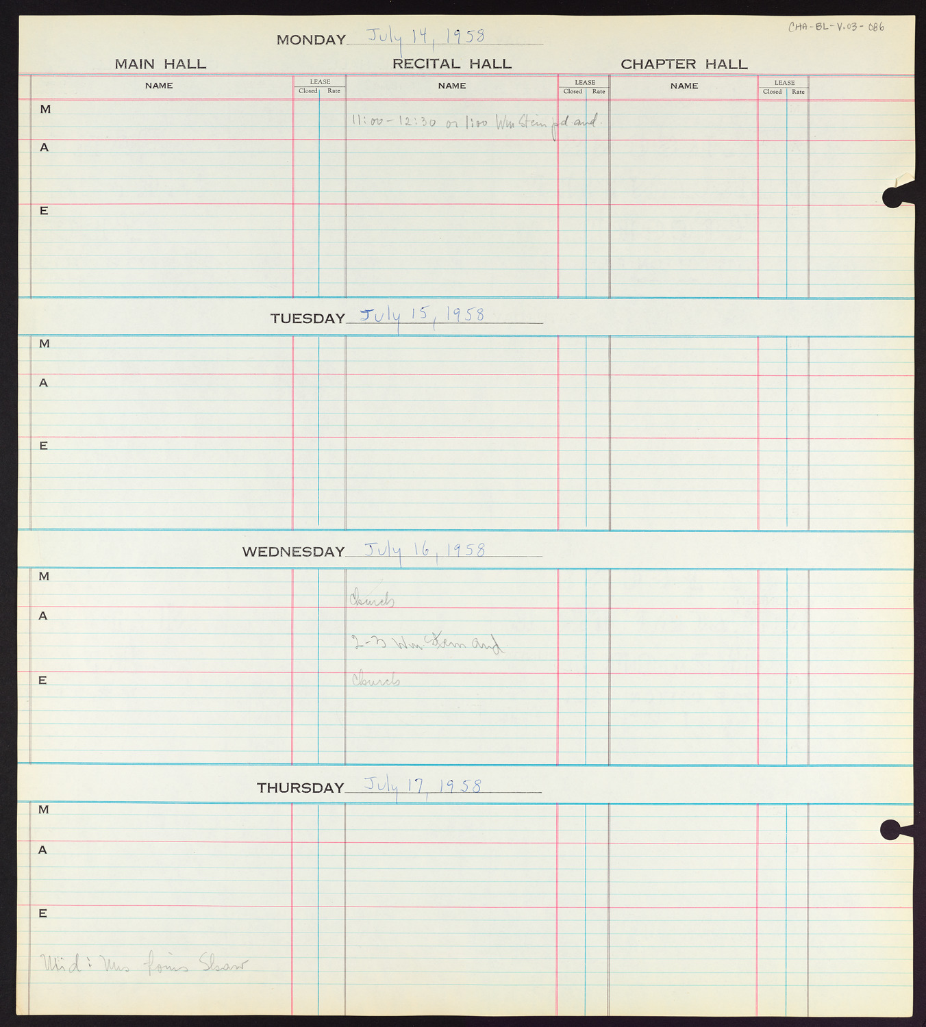 Carnegie Hall Booking Ledger, volume 3, page 86