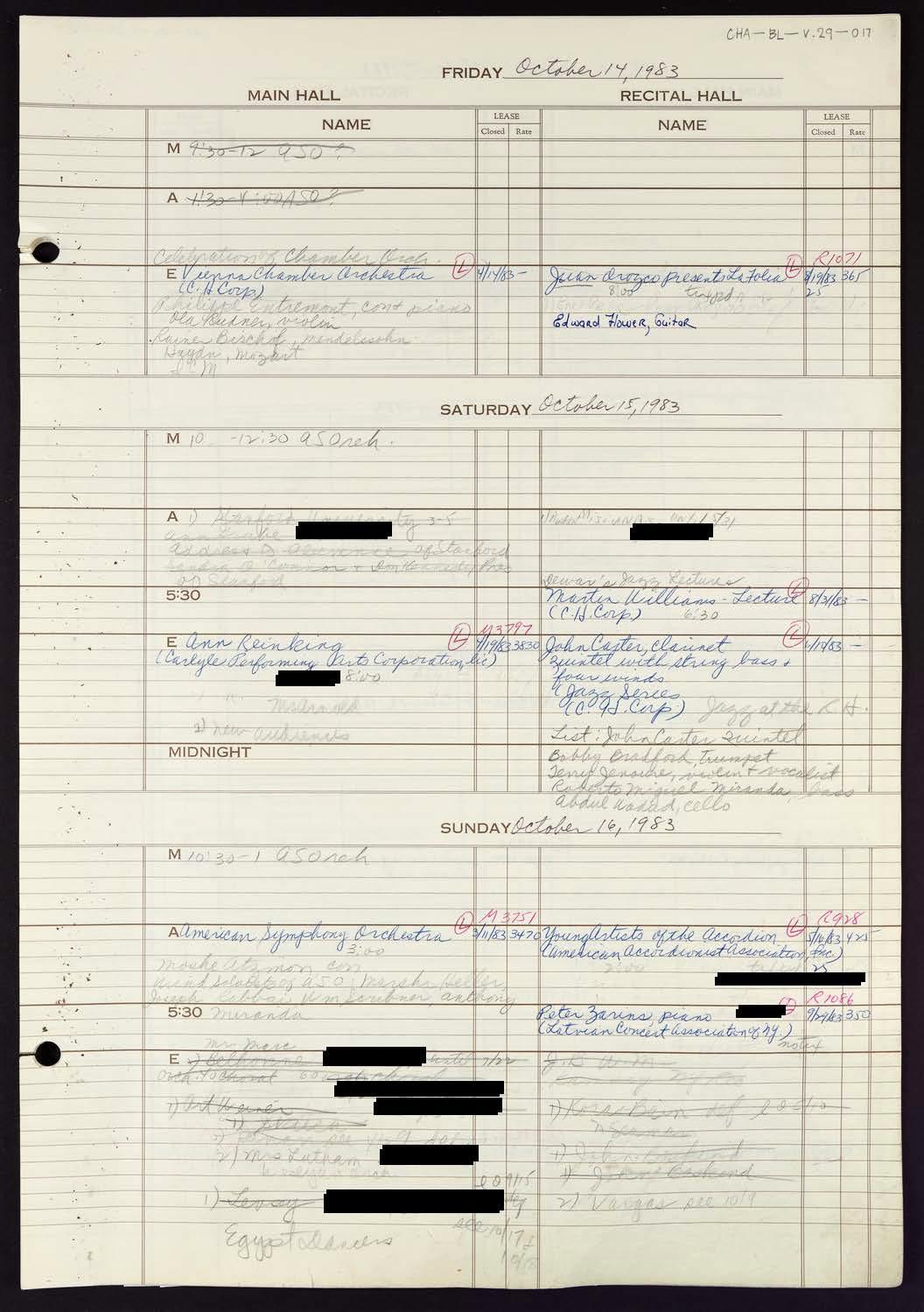 Carnegie Hall Booking Ledger, volume 29, page 17