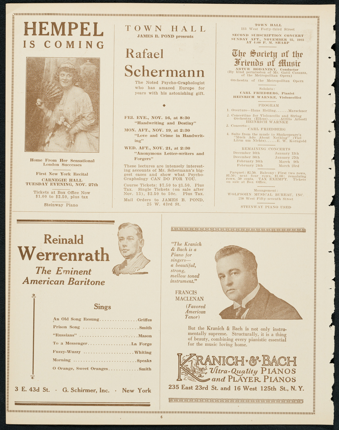 Reinald Werrenrath, Baritone, November 11, 1923, program page 6