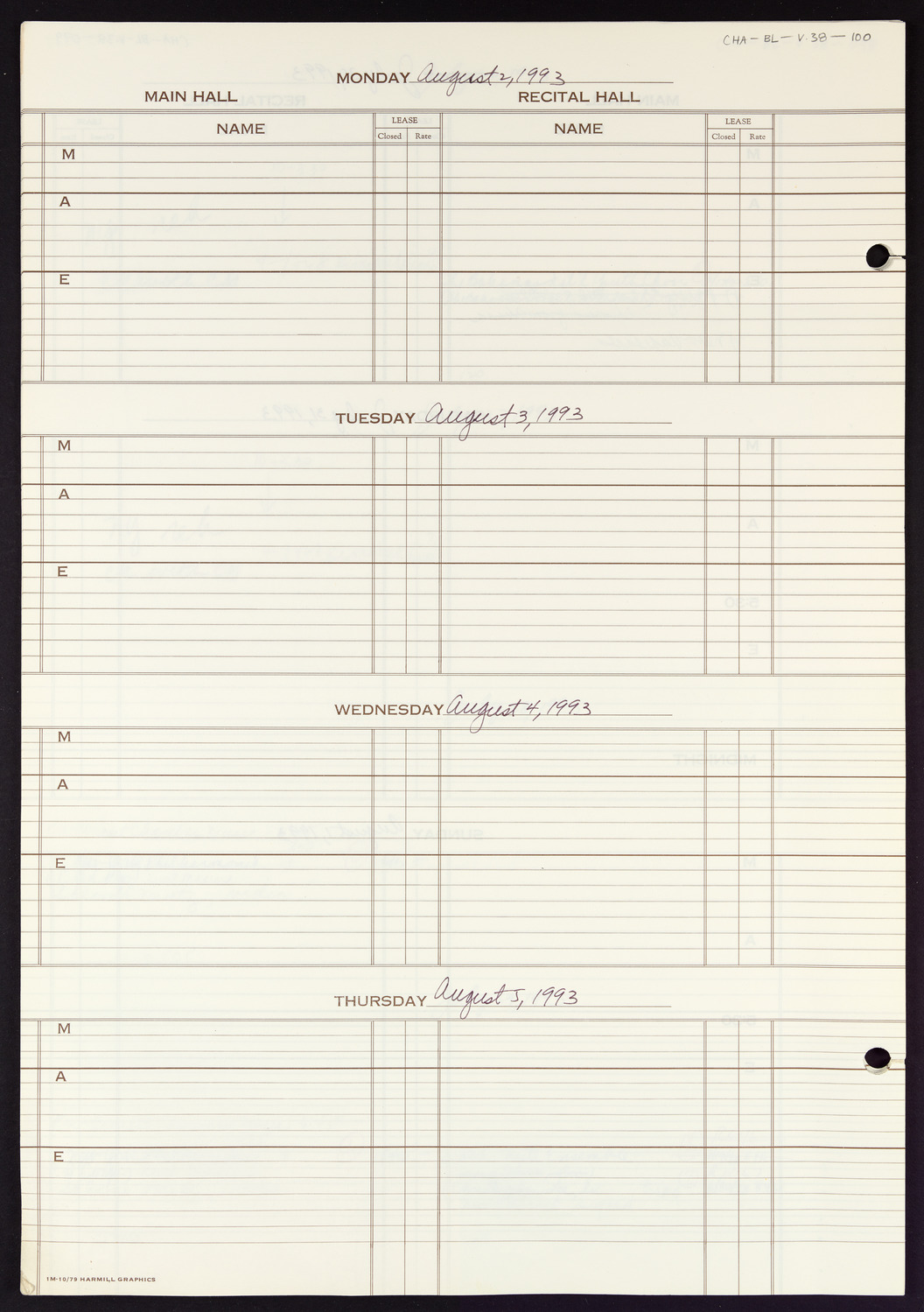 Carnegie Hall Booking Ledger, volume 38, page 100