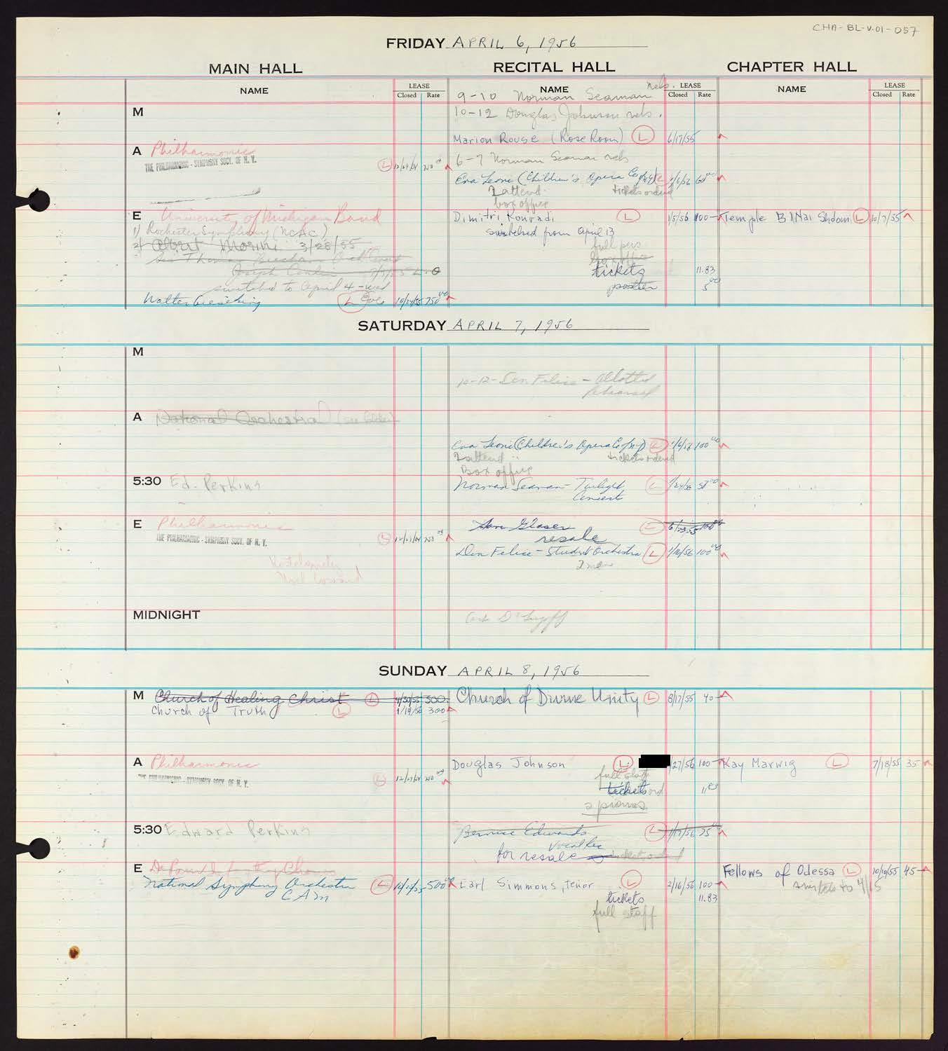 Carnegie Hall Booking Ledger, volume 1, page 57