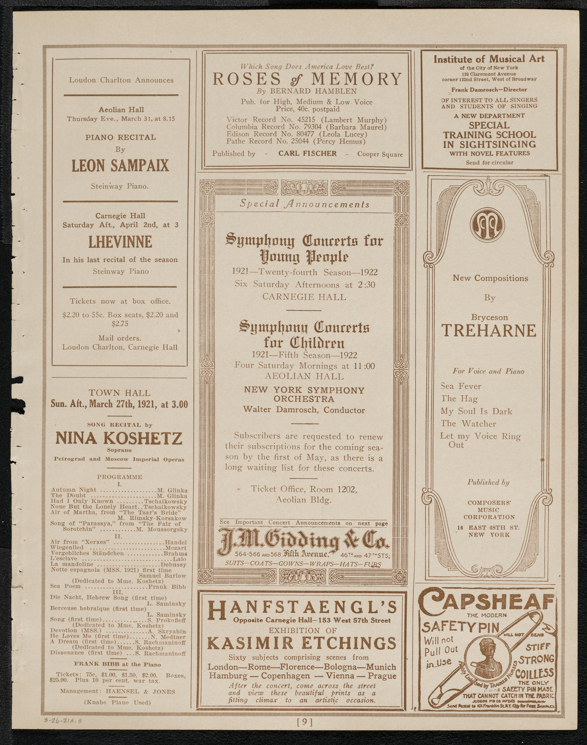 Fritz Kreisler, Violin, March 26, 1921, program page 9