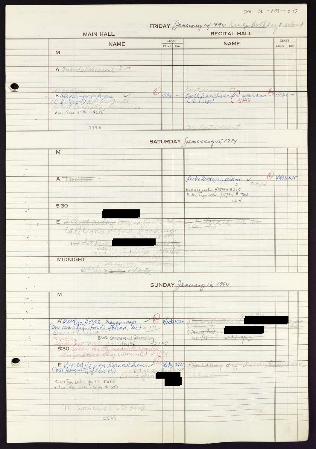 Carnegie Hall Booking Ledger, volume 39, page 43