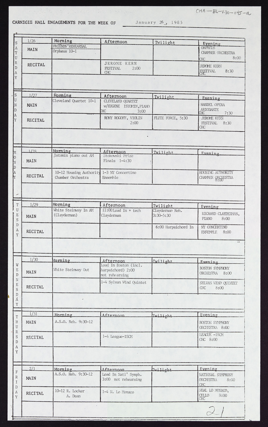 Carnegie Hall Booking Ledger, volume 30, page 45a