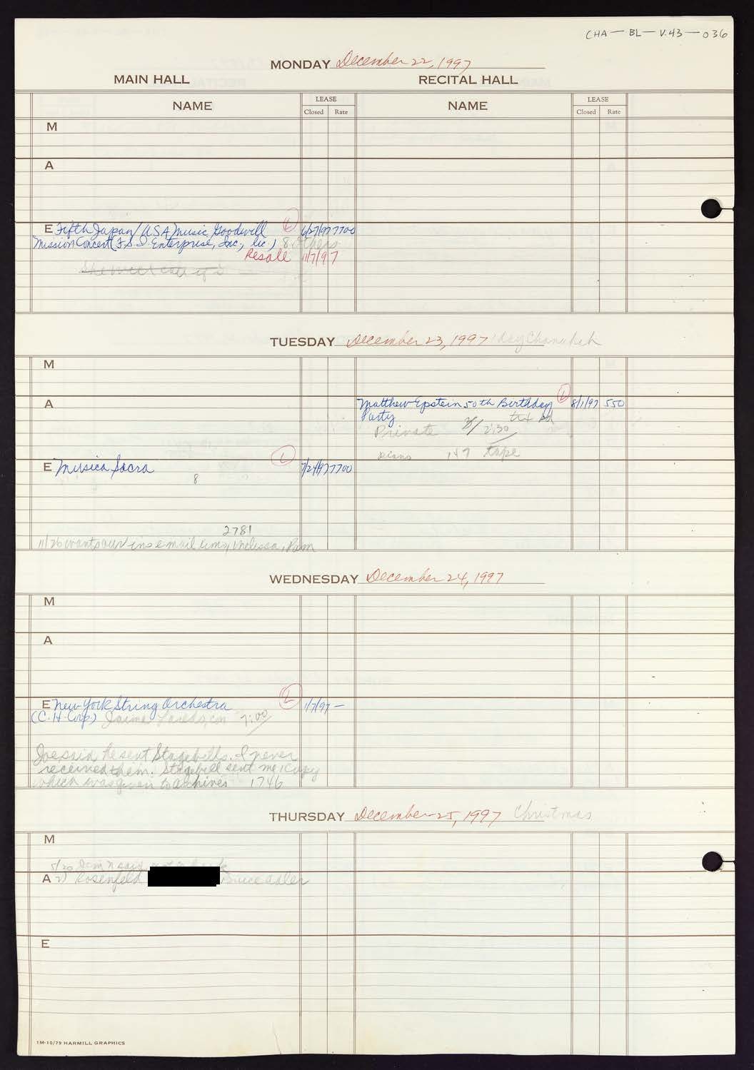 Carnegie Hall Booking Ledger, volume 43, page 36