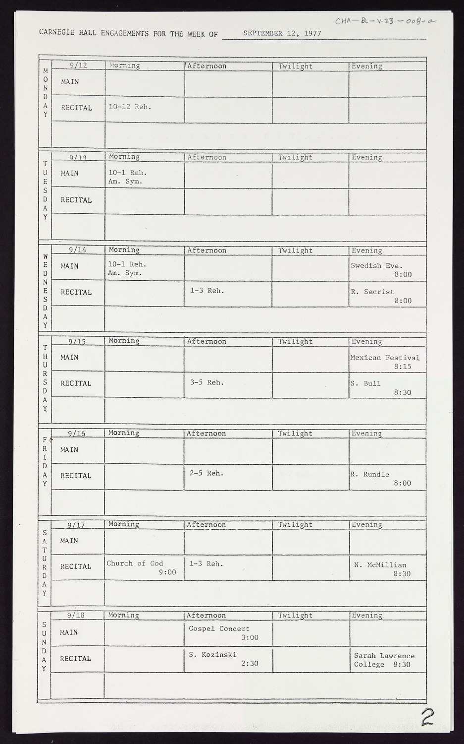 Carnegie Hall Booking Ledger, volume 23, page 8a