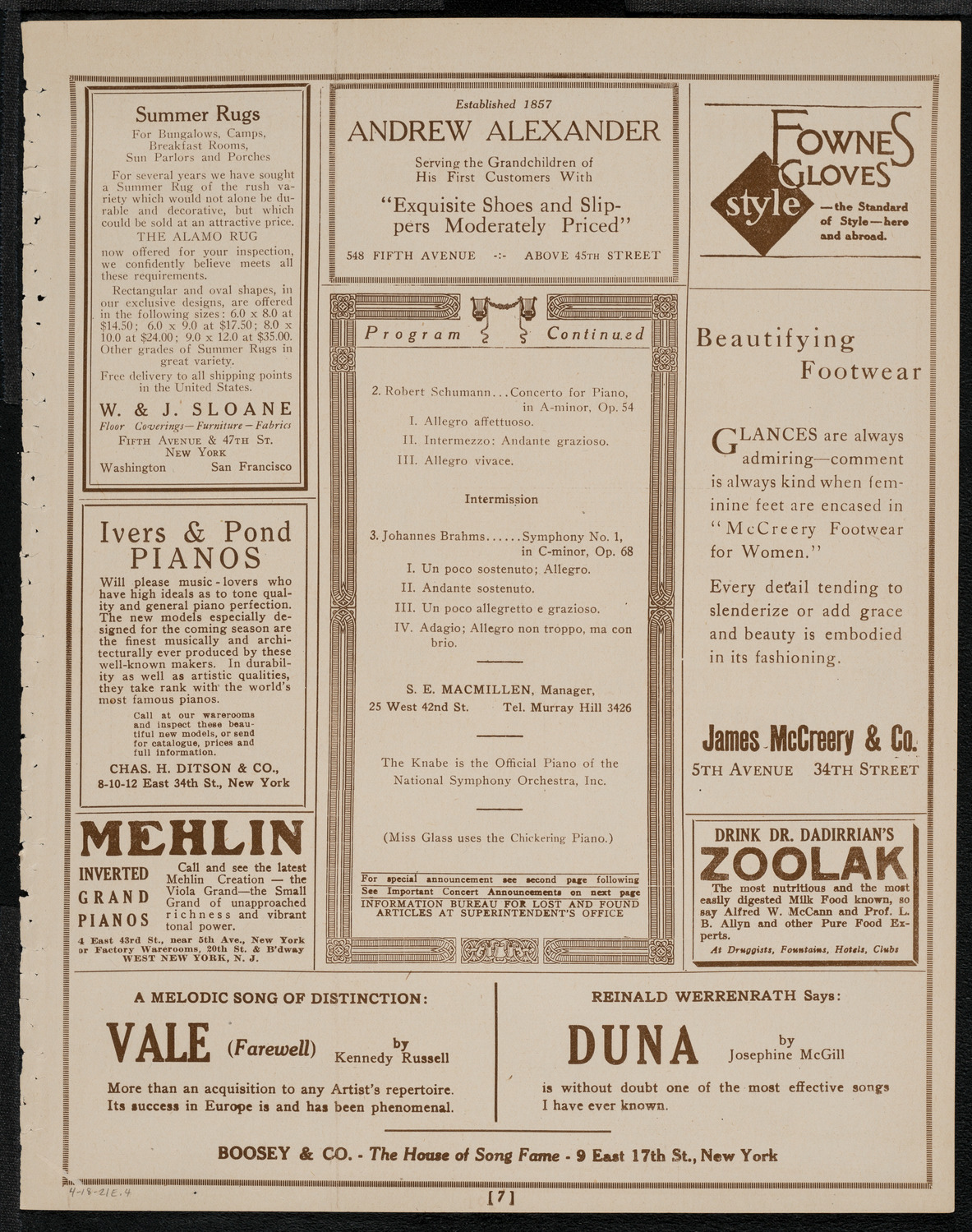 National Symphony Orchestra, April 18, 1921, program page 7