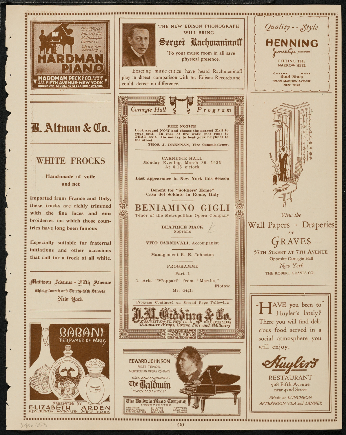 Beniamino Gigli, Tenor, March 30, 1925, program page 5