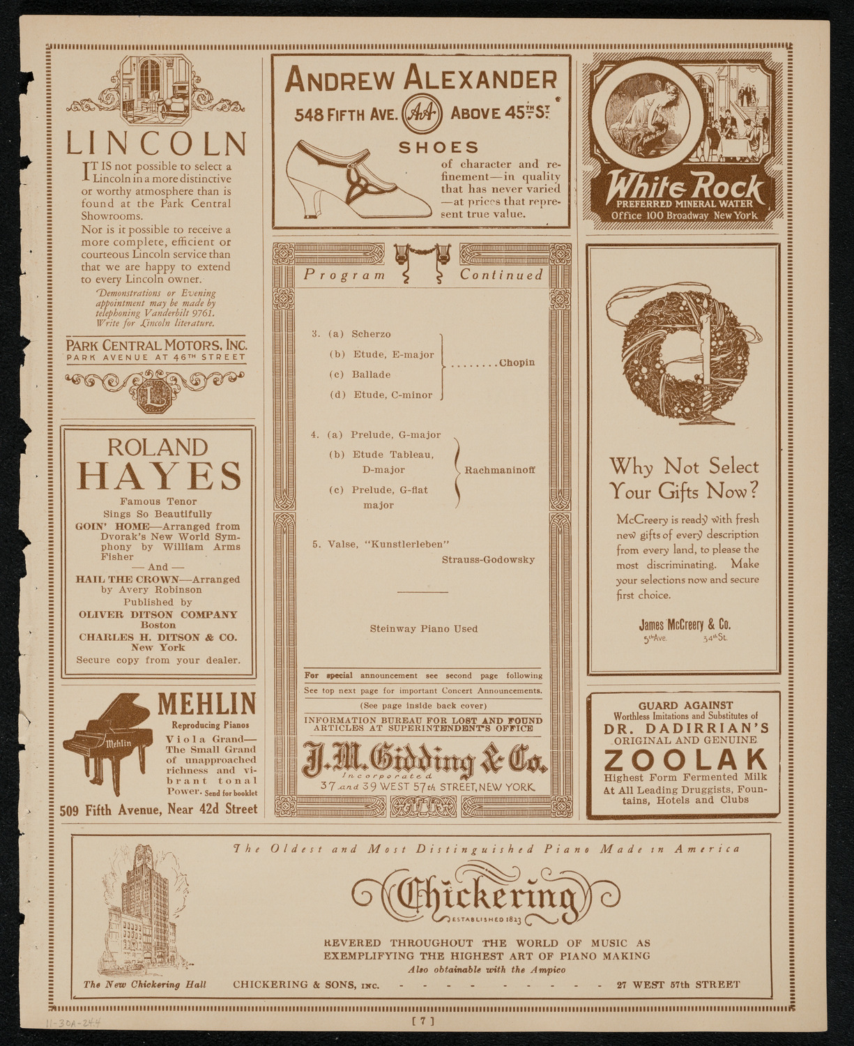 Sergei Rachmaninoff, Piano, November 30, 1924, program page 7