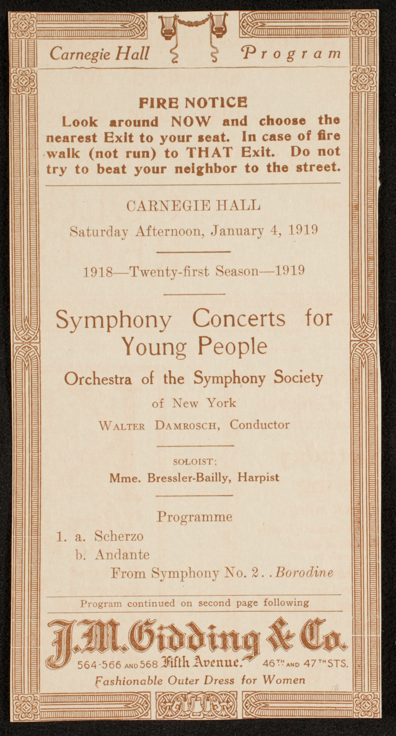 Symphony Concert for Young People, January 4, 1919, program page 1