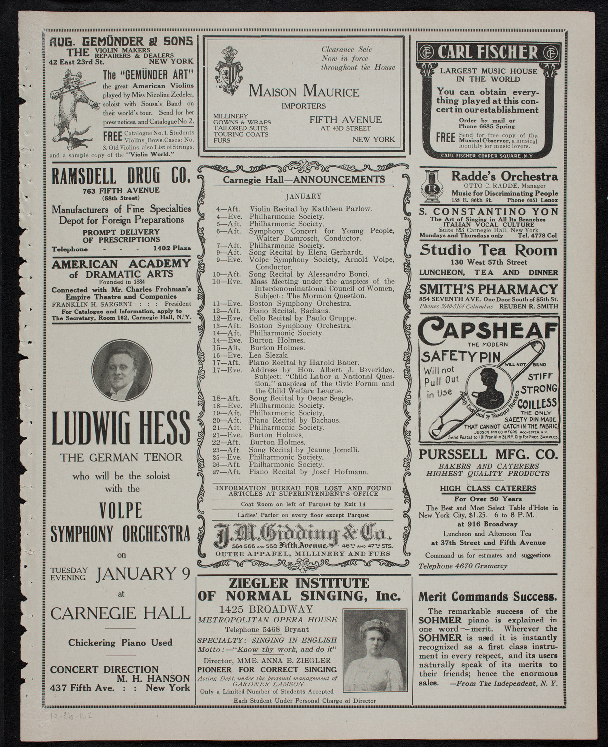 New Year's Concert, December 31, 1911, program page 3