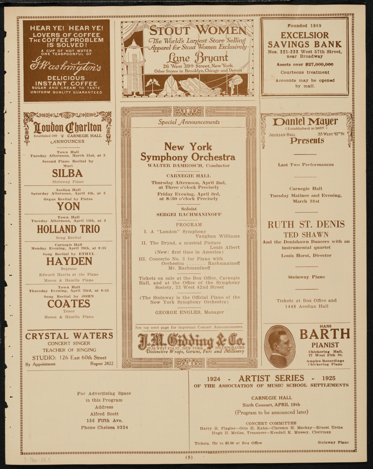 New York Philharmonic, March 26, 1925, program page 9