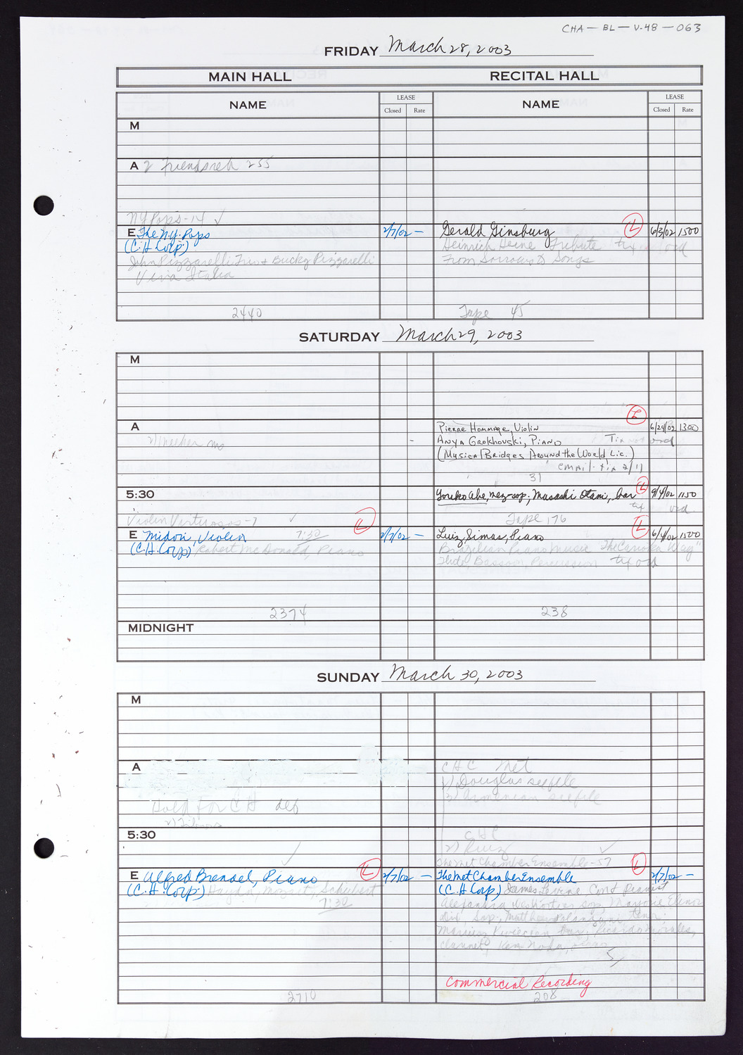 Carnegie Hall Booking Ledger, volume 48, page 63