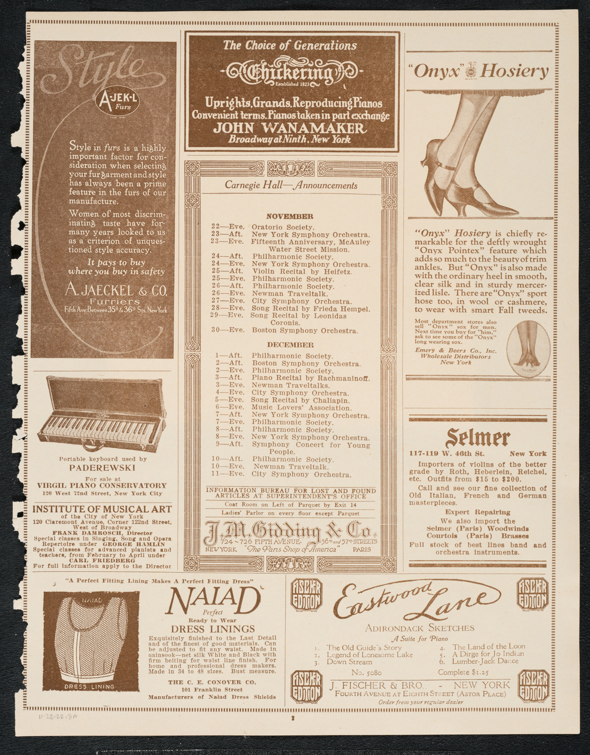 Ignacy Jan Paderewski, Piano, November 22, 1922, program page 3