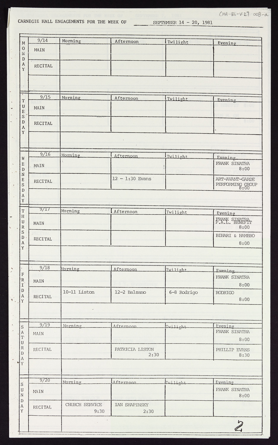 Carnegie Hall Booking Ledger, volume 27, page 8a