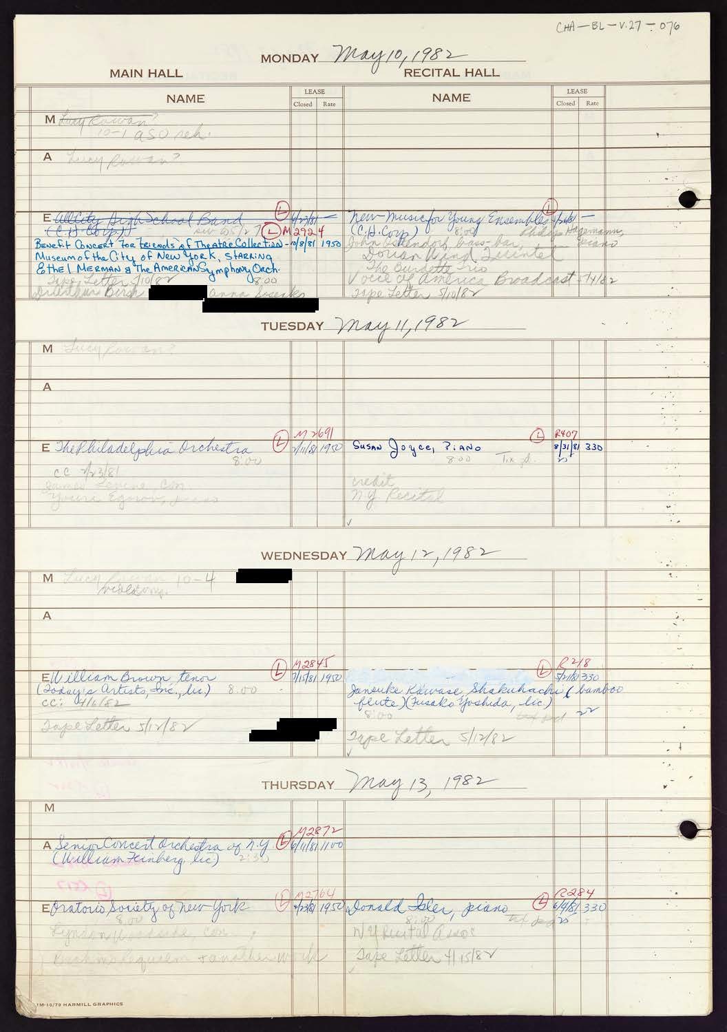 Carnegie Hall Booking Ledger, volume 27, page 76