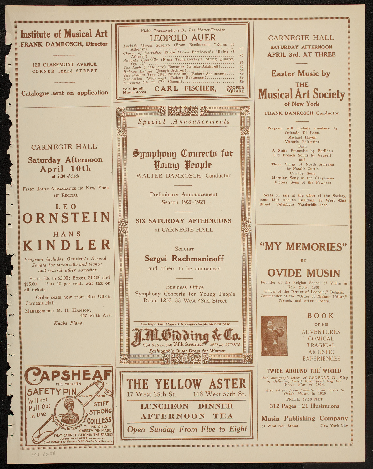 New Symphony Orchestra, March 31, 1920, program page 9