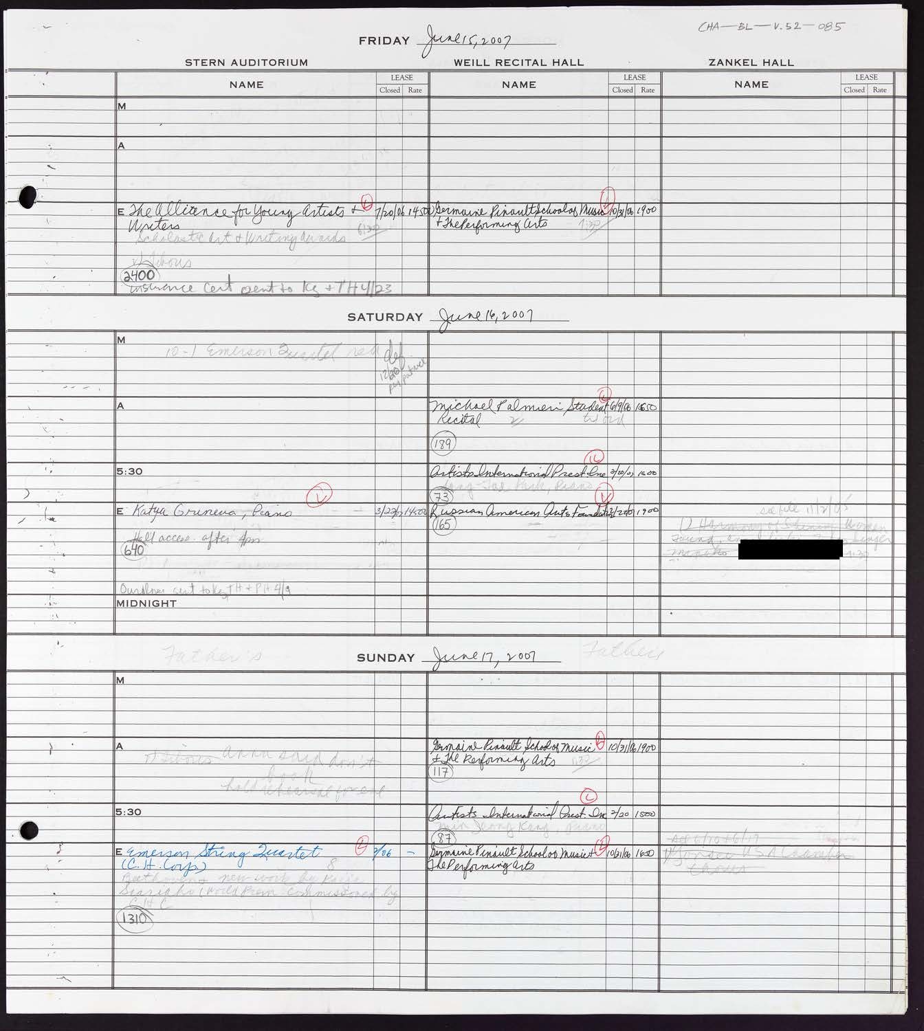 Carnegie Hall Booking Ledger, volume 52, page 85