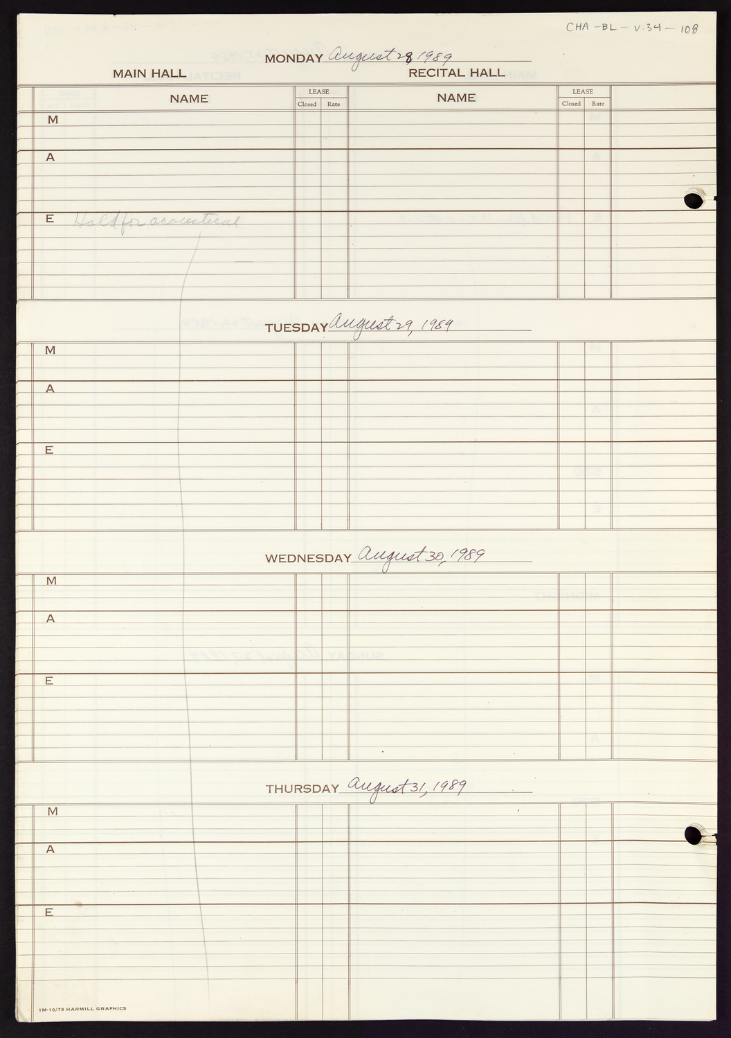 Carnegie Hall Booking Ledger, volume 34, page 108